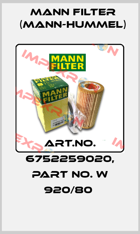 Art.No. 6752259020, Part No. W 920/80  Mann Filter (Mann-Hummel)