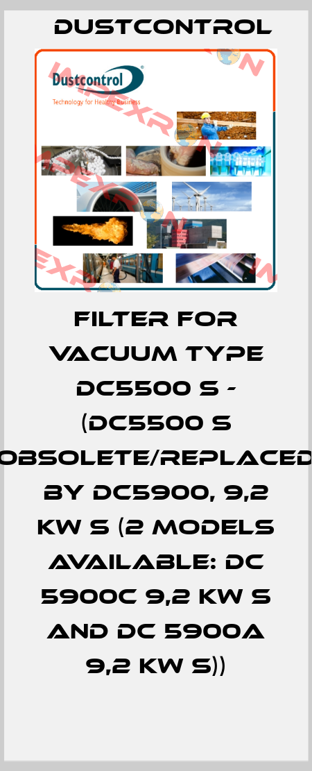 FILTER FOR VACUUM TYPE DC5500 S - (DC5500 S obsolete/replaced by DC5900, 9,2 kW S (2 models available: DC 5900c 9,2 kW S and DC 5900a 9,2 kW S)) Dustcontrol