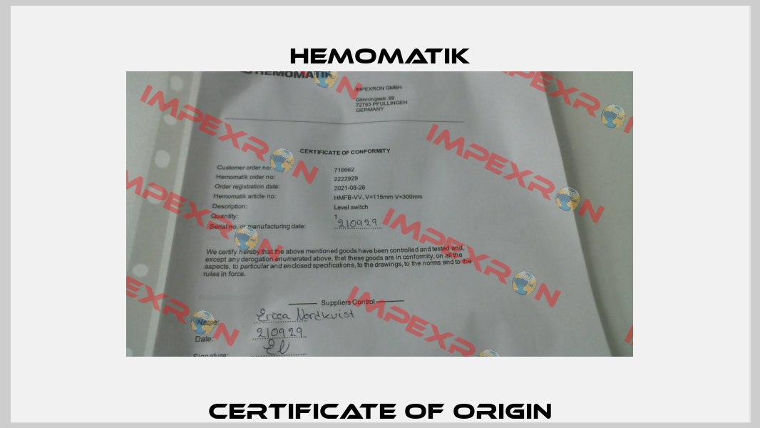 CERTIFICATE OF ORIGIN Hemomatik